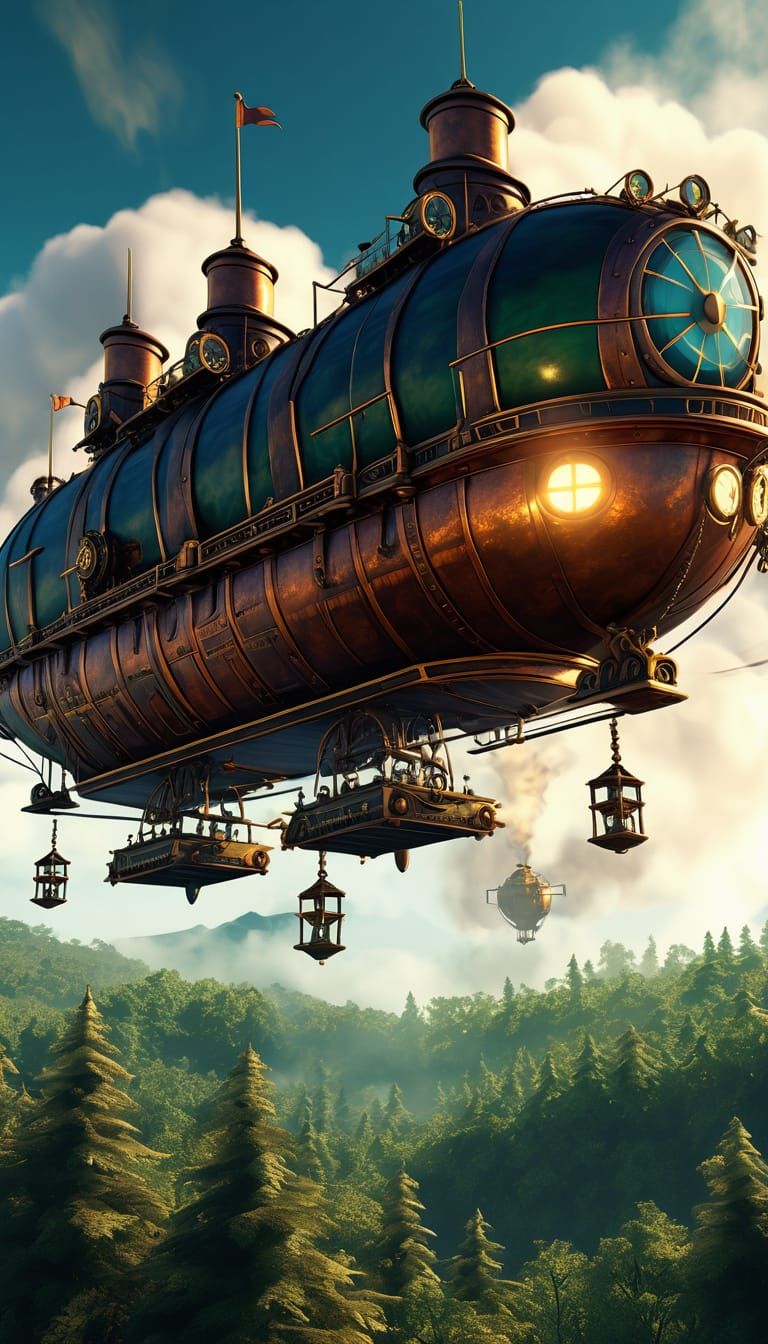 Steampunk Airship Soars Above Lush Forest in Golden Light