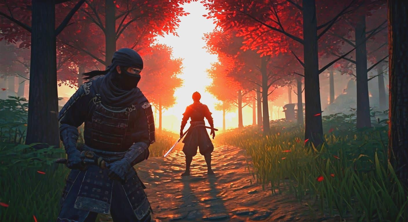 Ninja Confronts Samurai in Anime Style