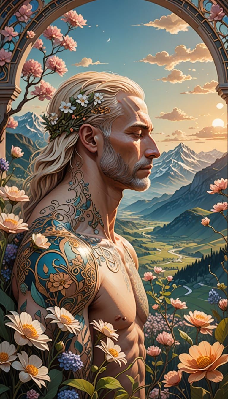 Embraced Men with Floral Patterns in Klimt Style