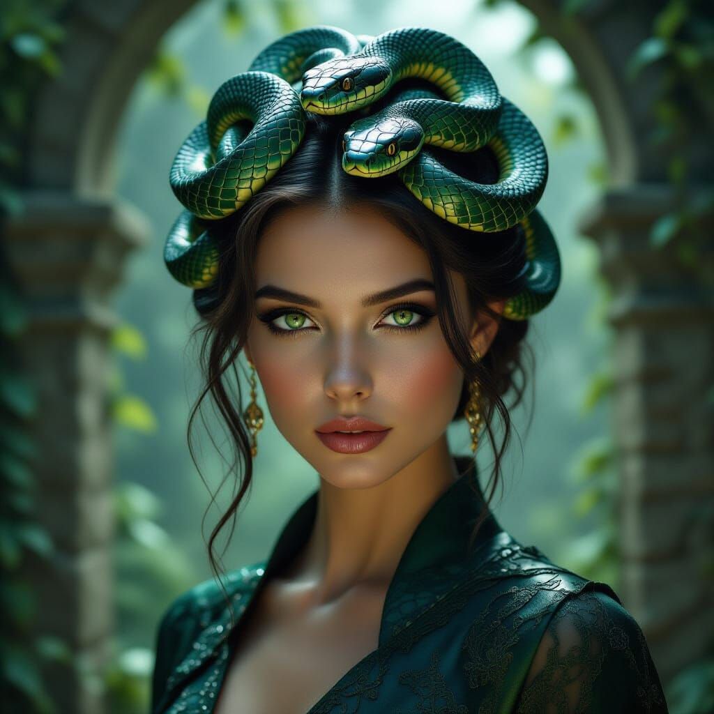 Striking Medusa Portrait with Snakes and Emerald Eyes