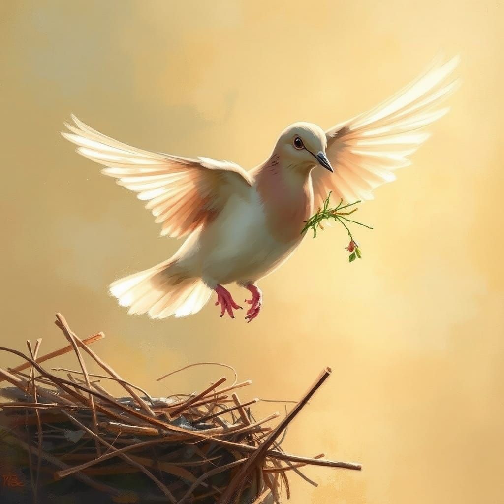 Dove Carrying Nesting Material in Impressionistic Style
