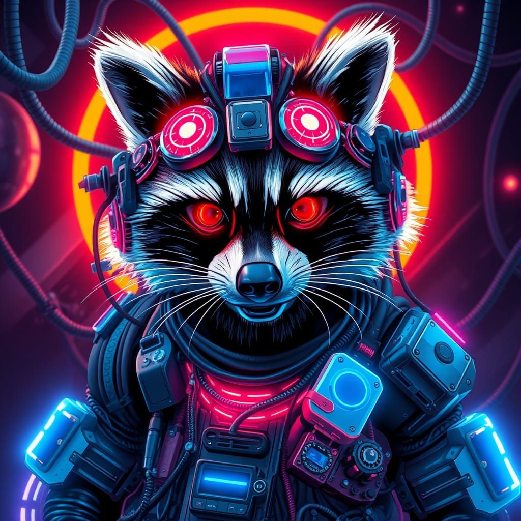 Cyberpunk Raccoon Tech Genius in Neon Cityscape