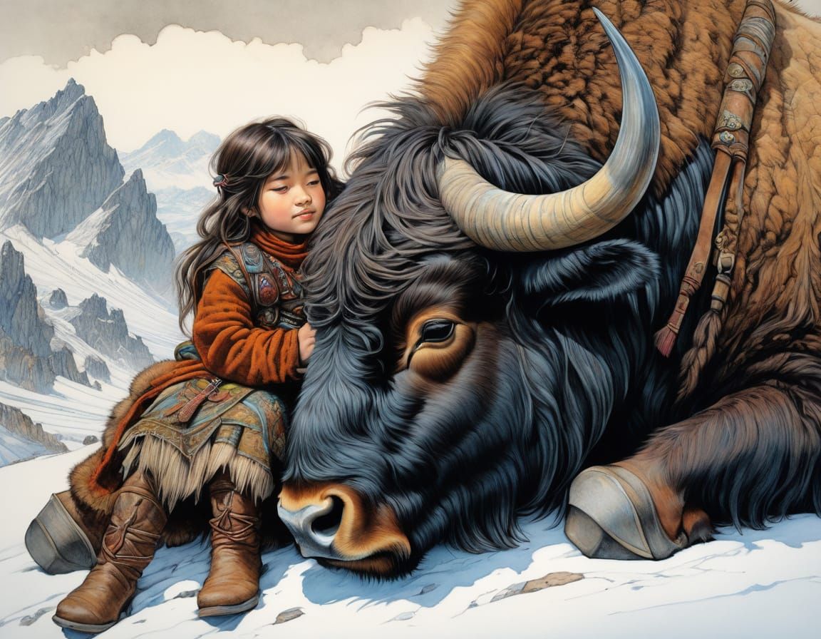 Fantasy Girl Barbarian with Yak Coloured Pencil Sketch