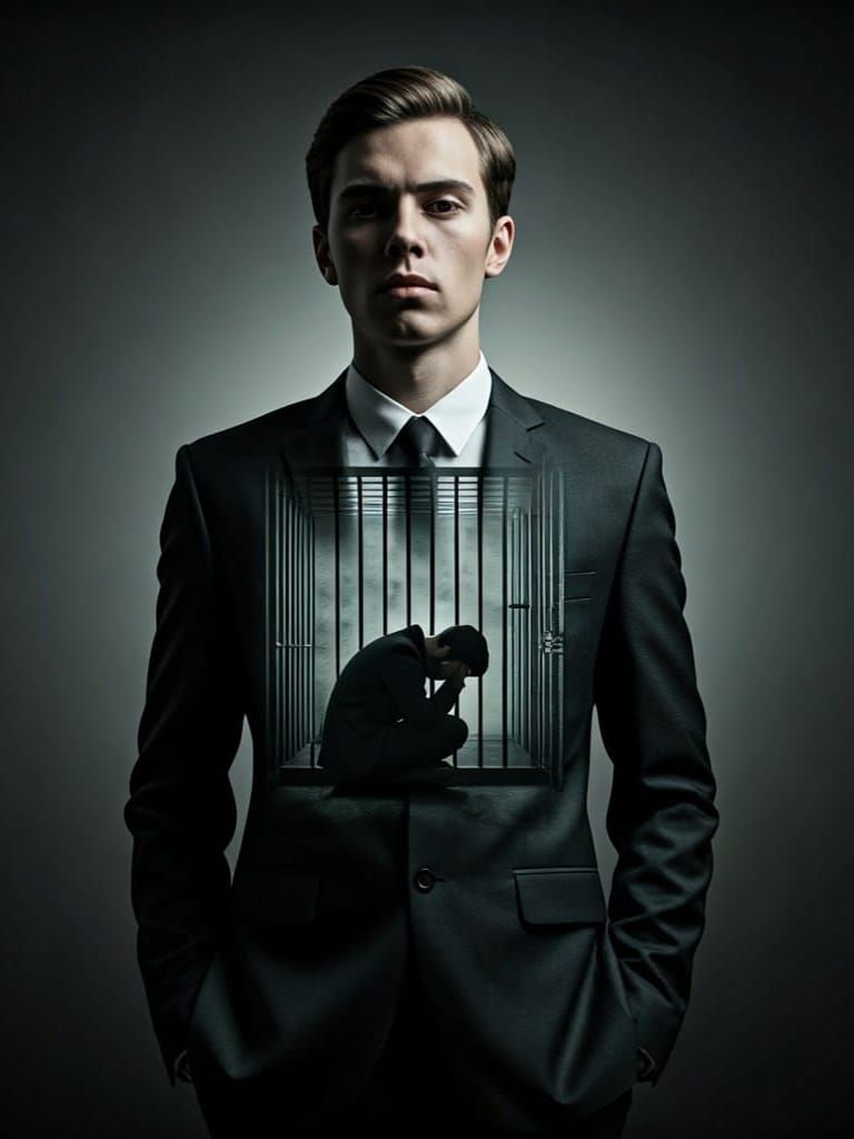 Double Exposure: Man Trapped in Metal Cage