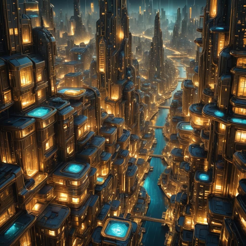 Futuristic Golden Bioluminescent City in HDR