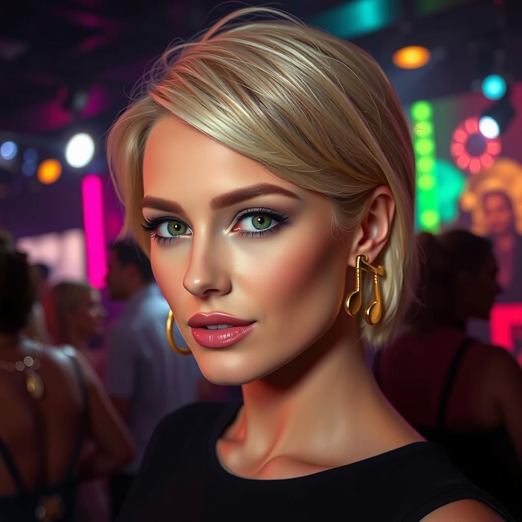 Blonde Woman with Gold Music Note Earrings