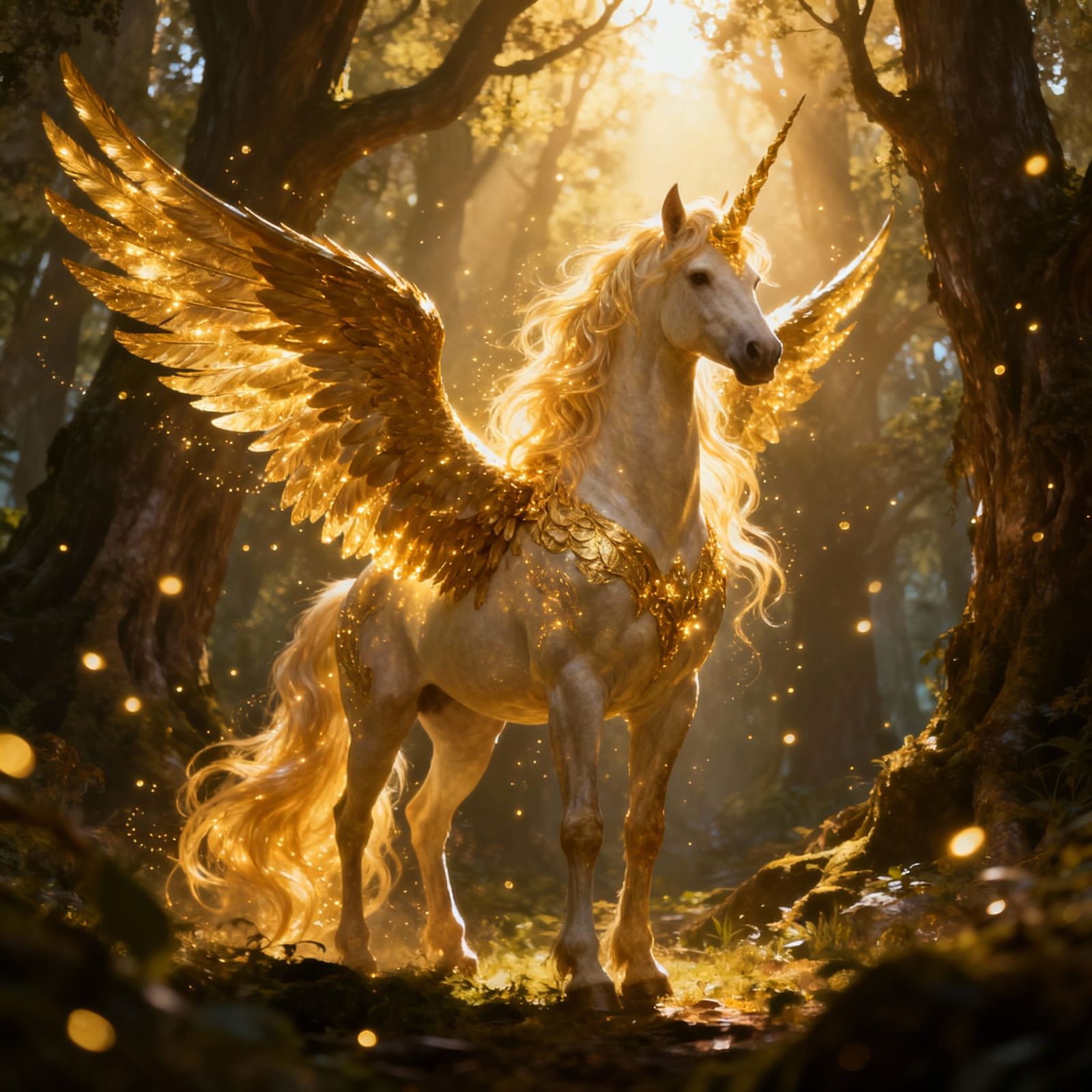 Majestic Golden Unicorn in Enchanted Forest