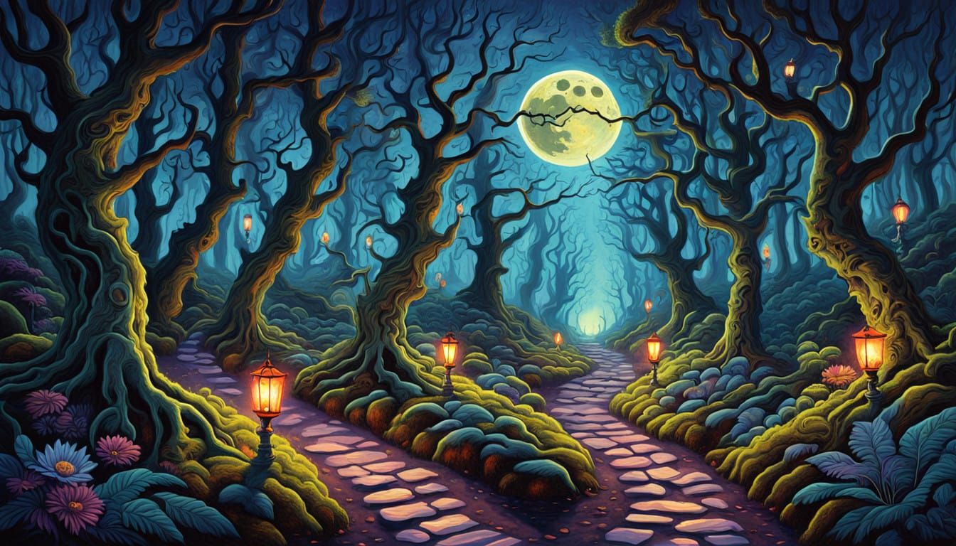 Surrealist Night Forest Path in Dreamy Psychedelic Style