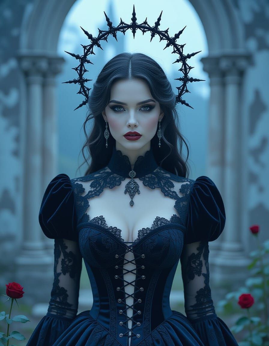 Gothic Woman in Ruins: Cyanotype Photographic Portrait