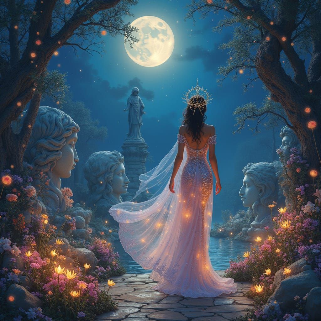 Achaemenid Queen in Moonlit Garden of Cosmic Fantasy