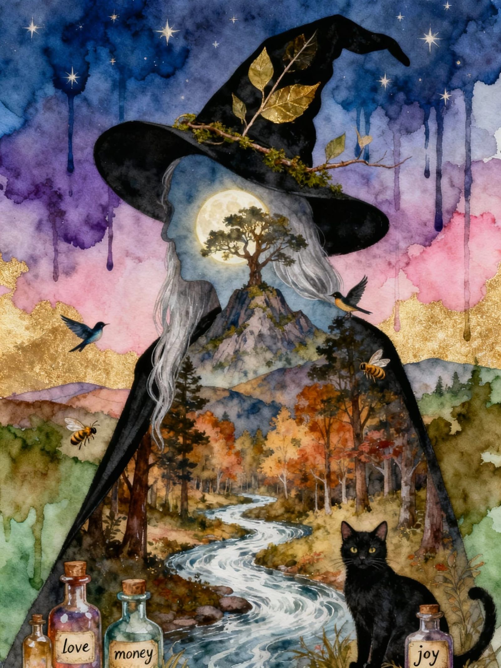Wise Witch Merges with Autumn Forest in Double Exposure