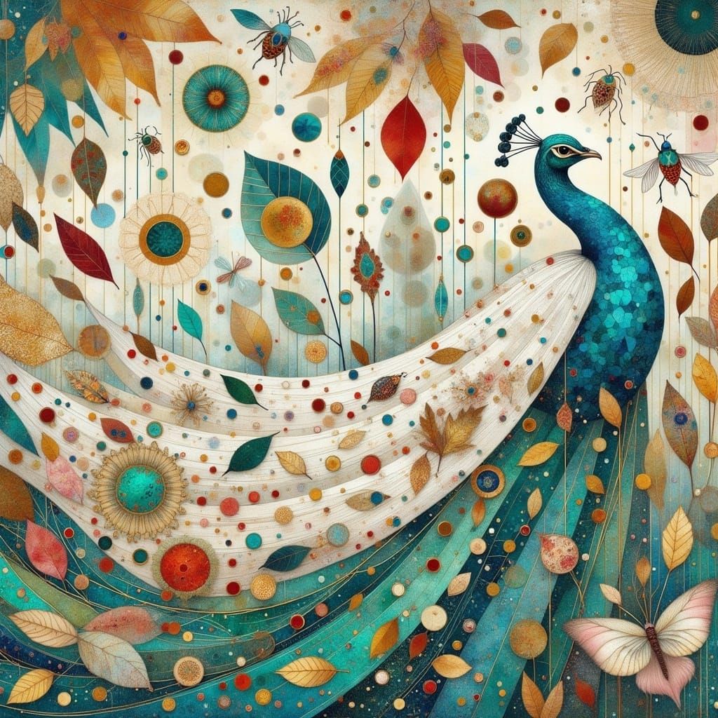 Whimsical Blue Peacock in Full Display, Art Nouveau Style
