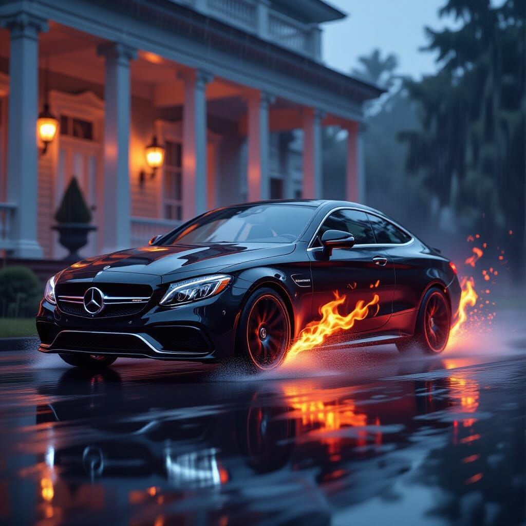 Mercedes in Fiery Downpour with Opulent Porch