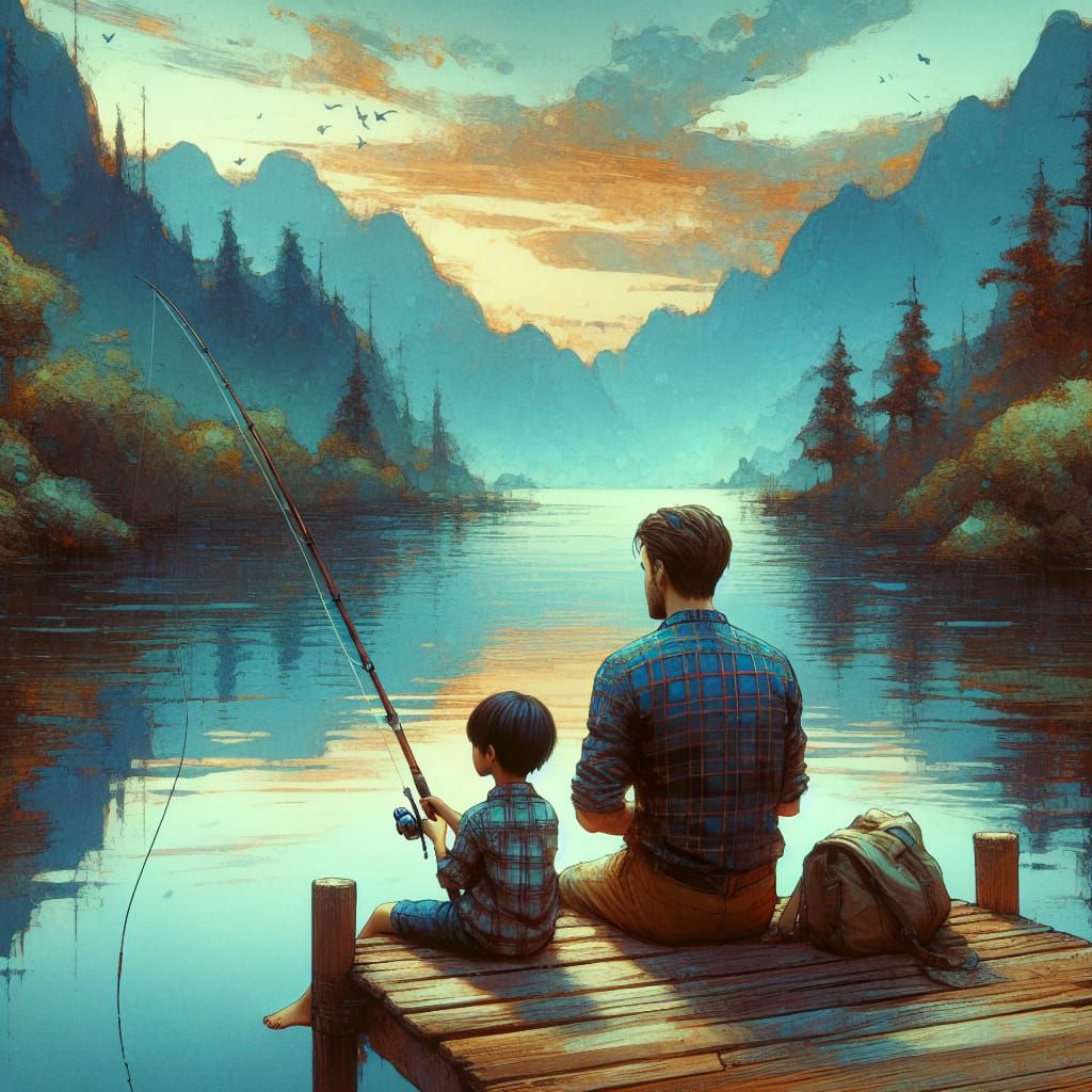 Boy Fishing with Man: Fantasy Concept Art