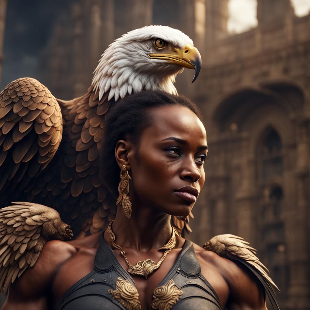 African Lady Bodybuilder with Eagle: Fantasy Art