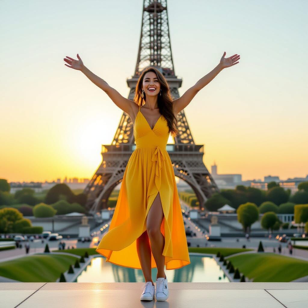 Woman Celebrates at Eiffel Tower in Vibrant Digital Art