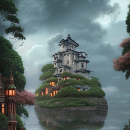 Ghibli-Style Island Kingdom in the Rain