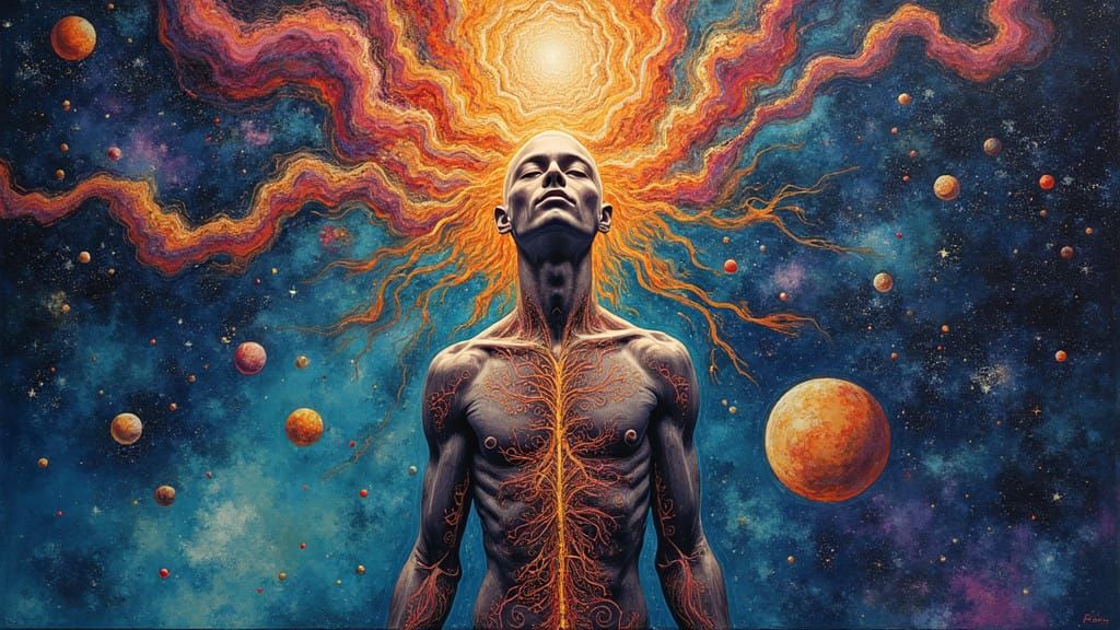 Cosmic Human in Swirling Astral Patterns