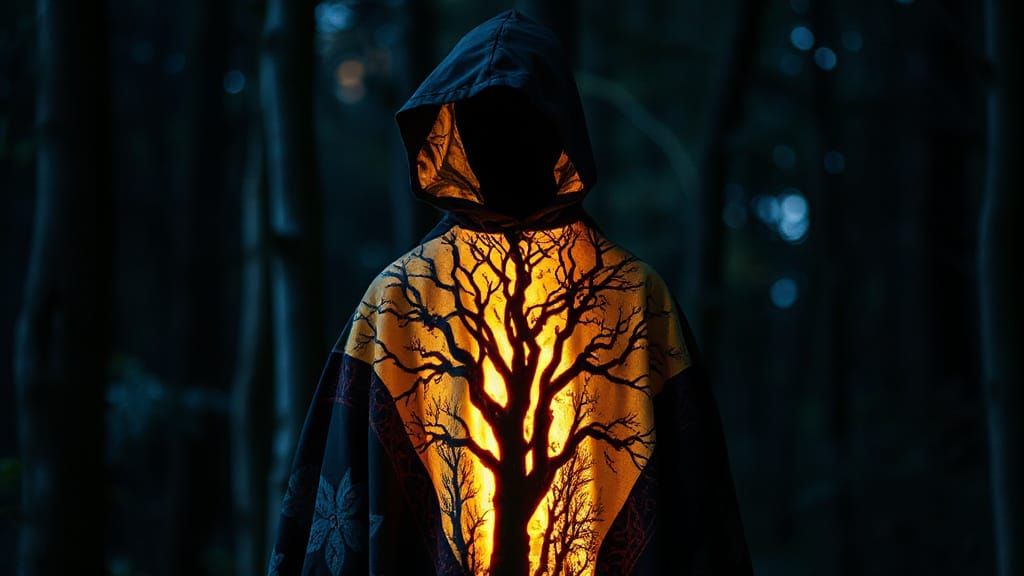 Mysterious Hooded Figure in Vibrant Forest