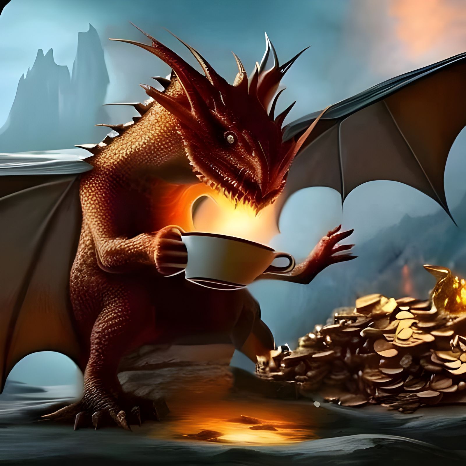 Remixing Others: Dragon Sipping Tea Beside Treasure Pile (originally 'Orange Dragon Sipping Tea')