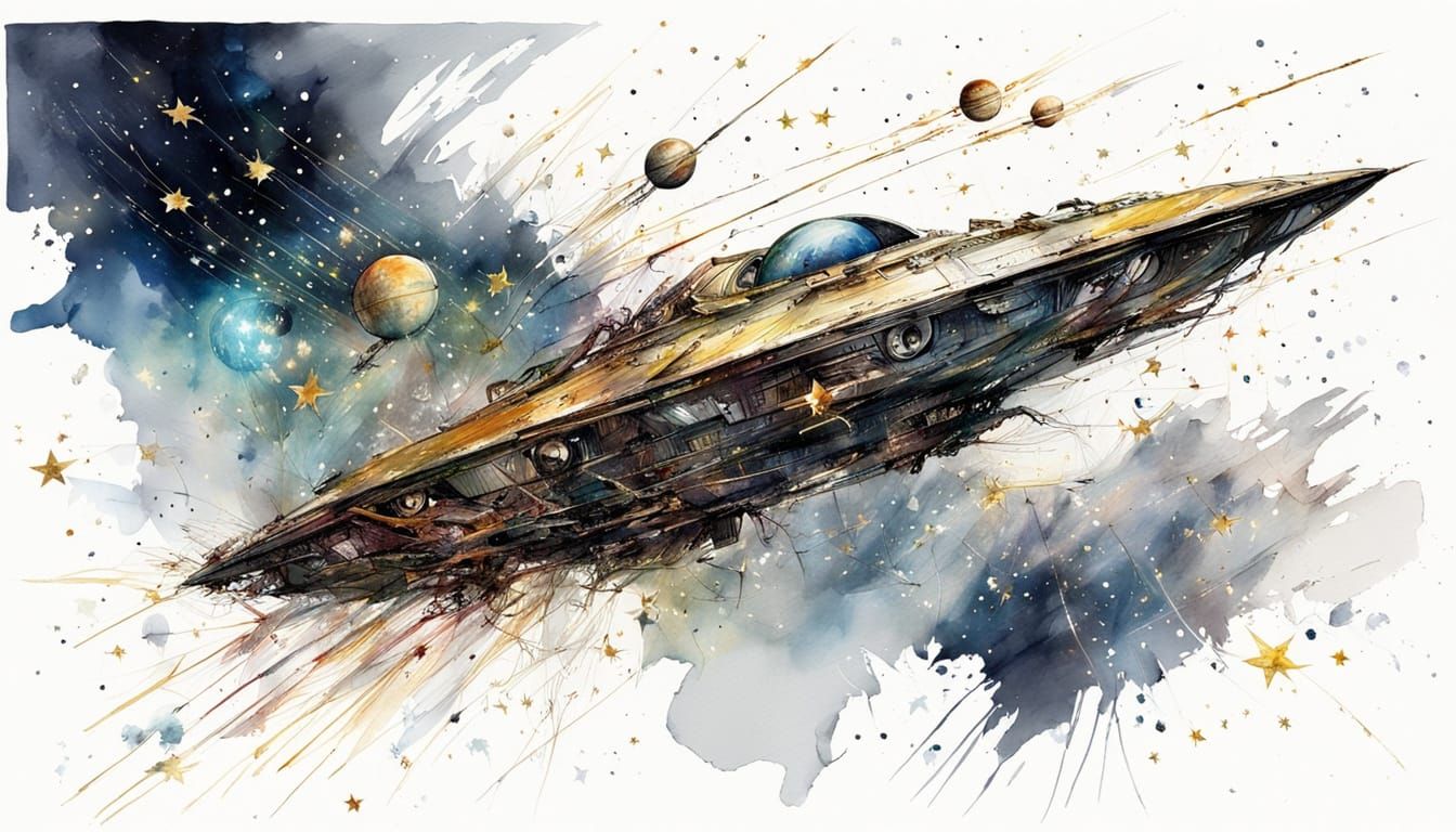 UFO Soaring Through Space With Shooting Stars