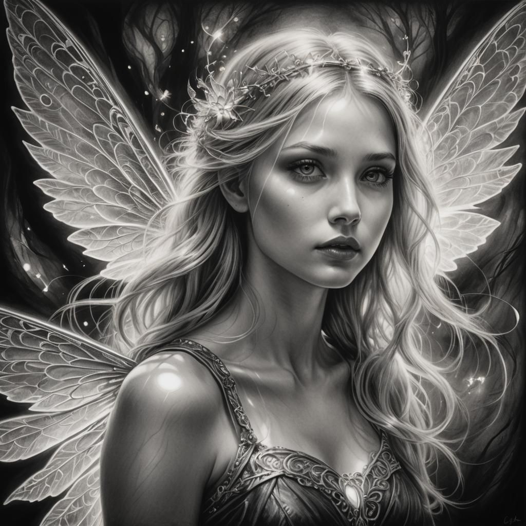 Soulful Fairy in Light Beam: Charcoal Drawing