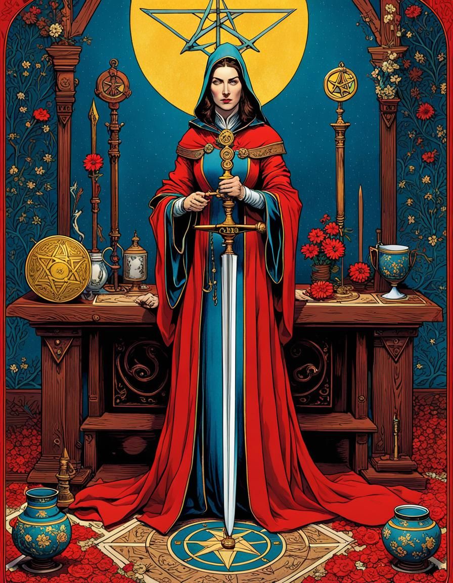 Sorceress Tarot Card in Vintage Digital Art Style