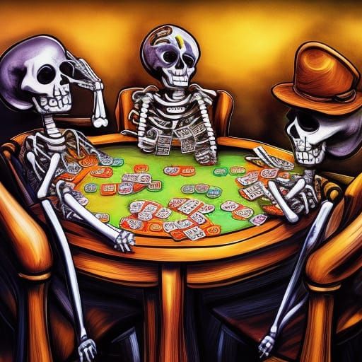 Skeletons Playing Poker in Hyperrealistic Splash Art
