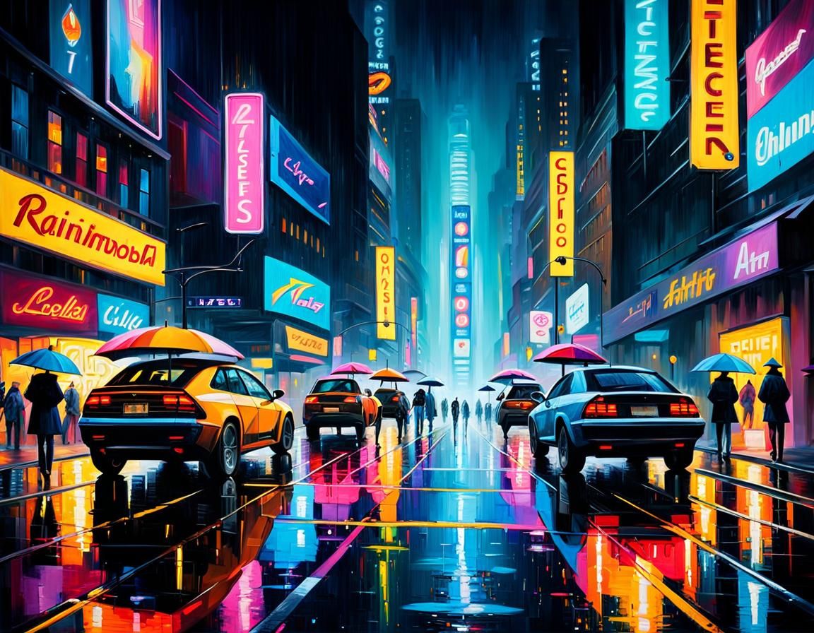 Cyberpunk Cityscape at Night in Oil Painting Style