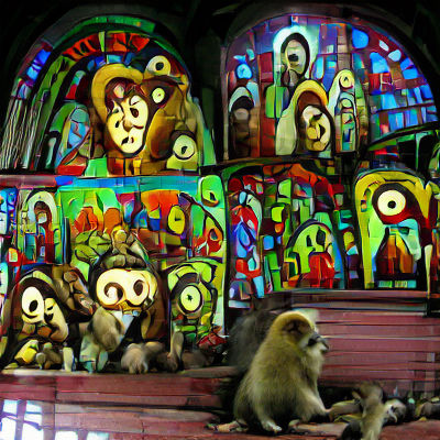 Monkey Congregation in Church with Stained Glass