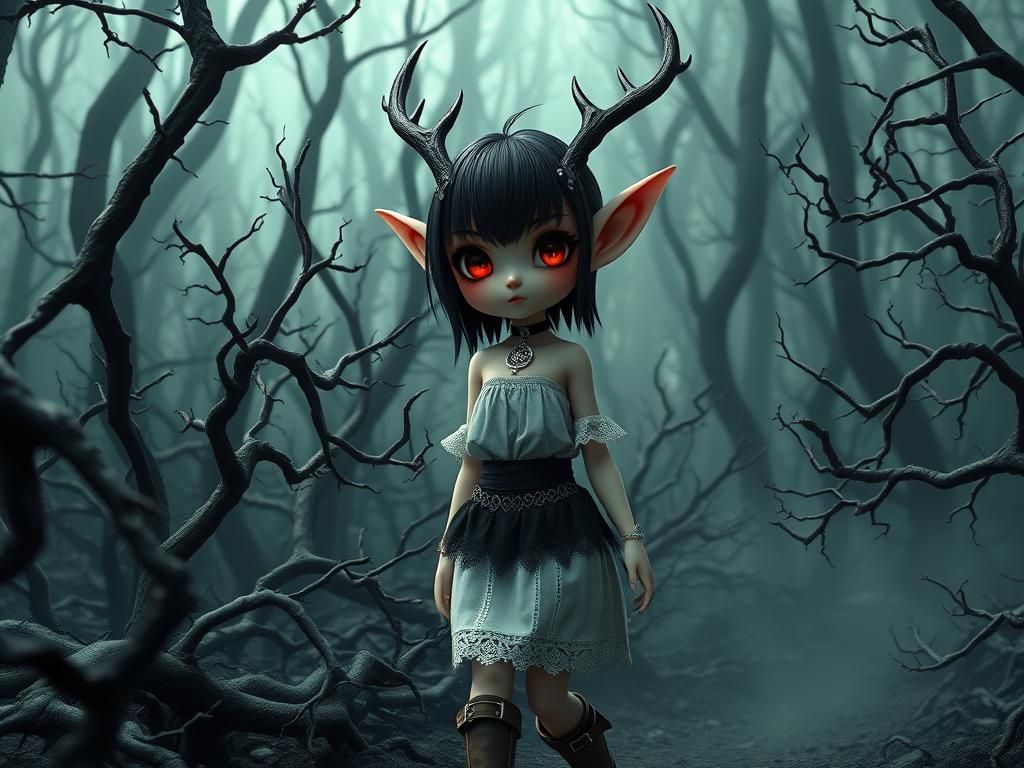 Gothic Elf in Eerie Forest, 3D Rendered