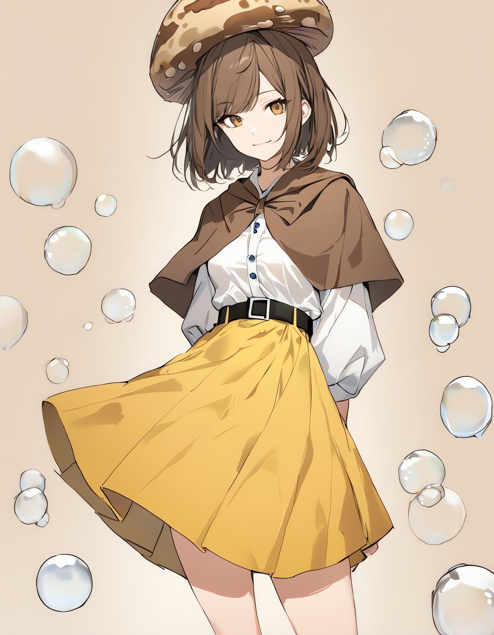 Girl in Mushroom Hat and Yellow Skirt with Bubbles