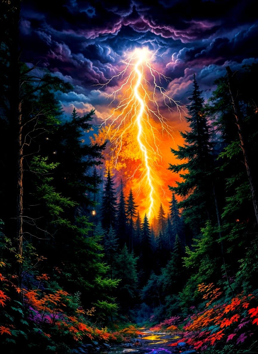 Lightning Strike Illuminating Dark Forest at Night