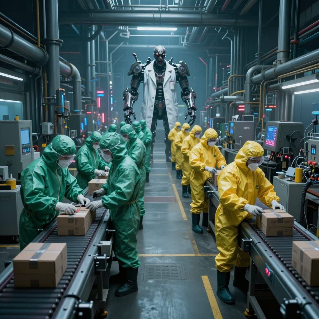 Cyberpunk Factory with Biochemical Workers and Zombie