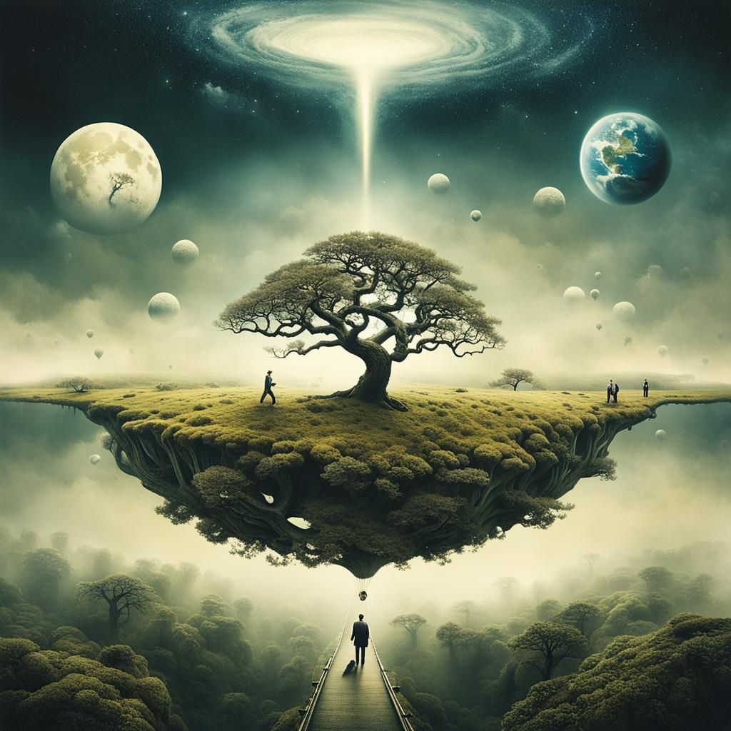 Surreal Cosmos Creation with Bonsai and Cottages
