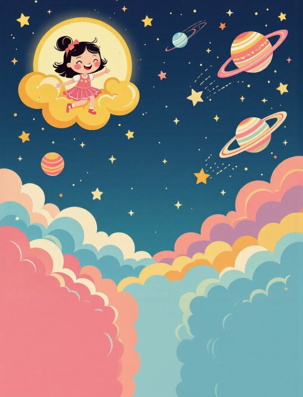 Girl on Golden Cloud in Dream World with Stars