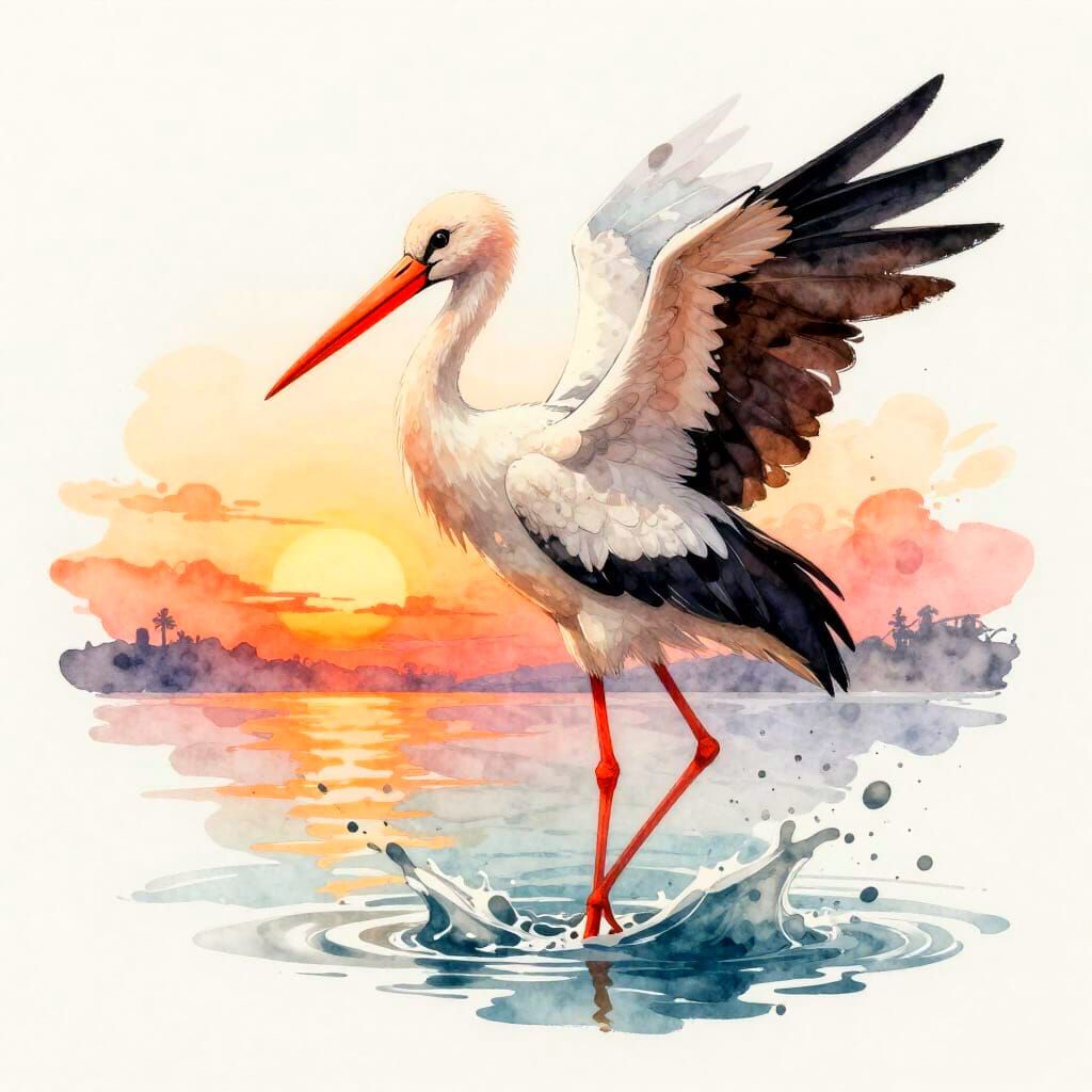 Stork in Shallow Water at Sunset Watercolour