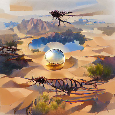 Mirrored Sphere Above Desert Sunrise: Concept Art