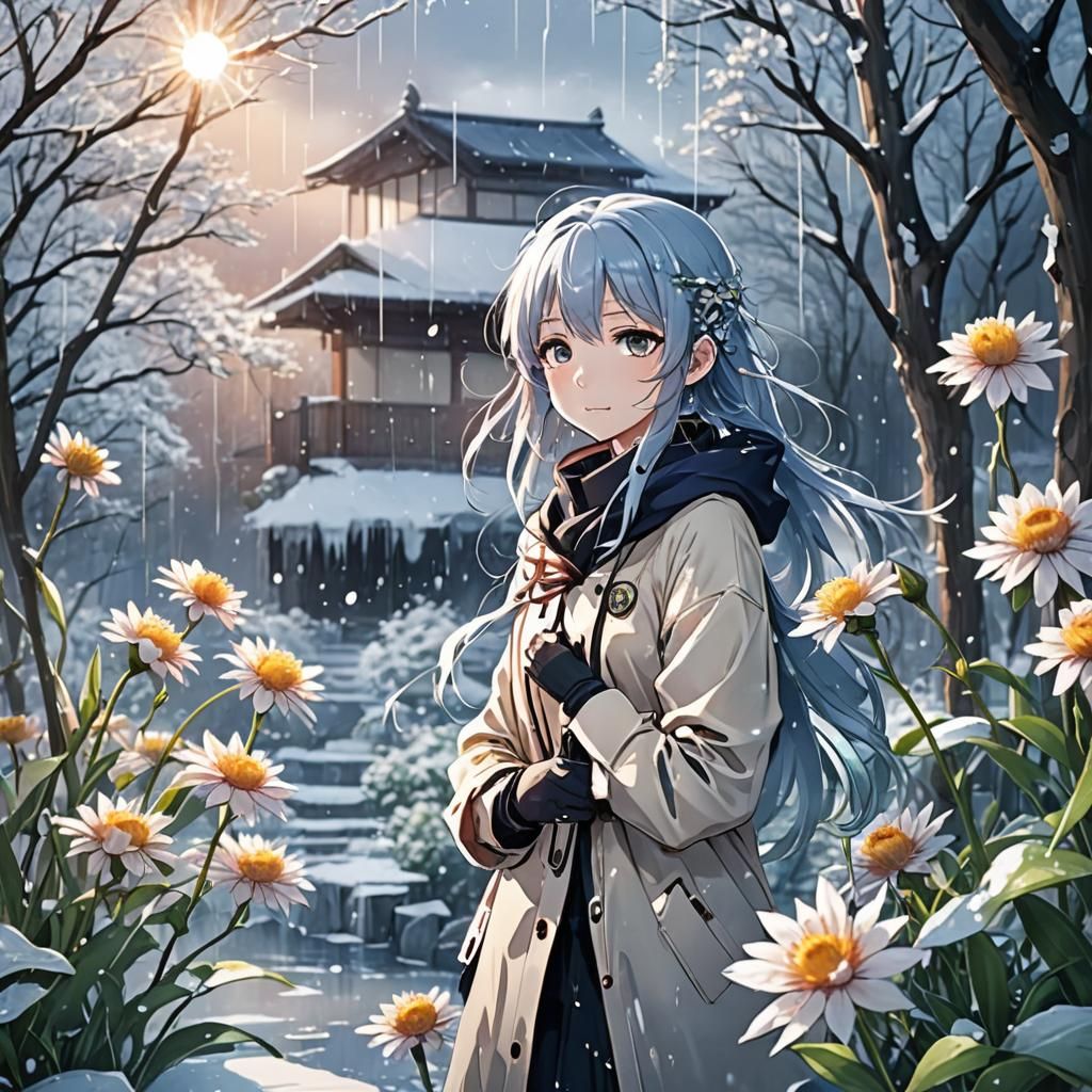 Bright Flowers Bloom in Icy Spring Rain: Anime Art