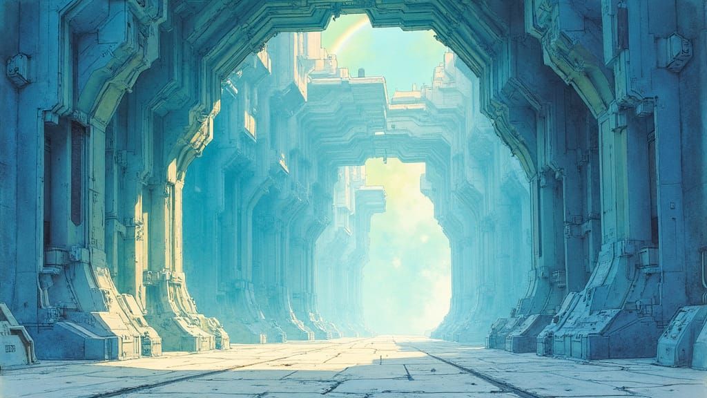 Utopian Spaceport Interior in Gouache and Watercolor