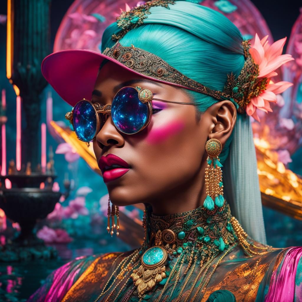 Eccentric Nigerian Queen in Cyberpunk Lake