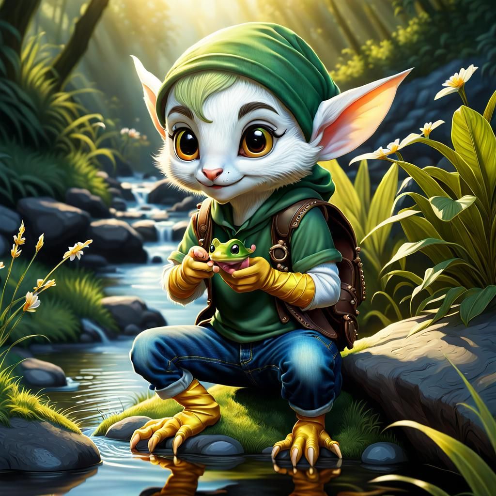 Cute Elf and Gecko Friendship by the Stream