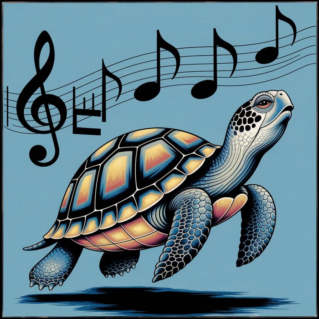 Singing Turtle Art Deco Oil Painting