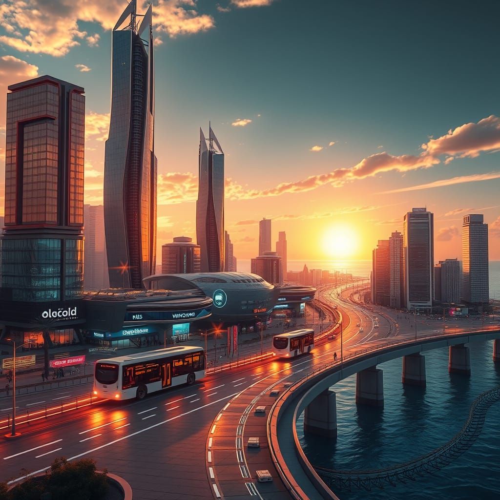 Sleek Futuristic Cityscape with Glass Skyscrapers and Neon N...