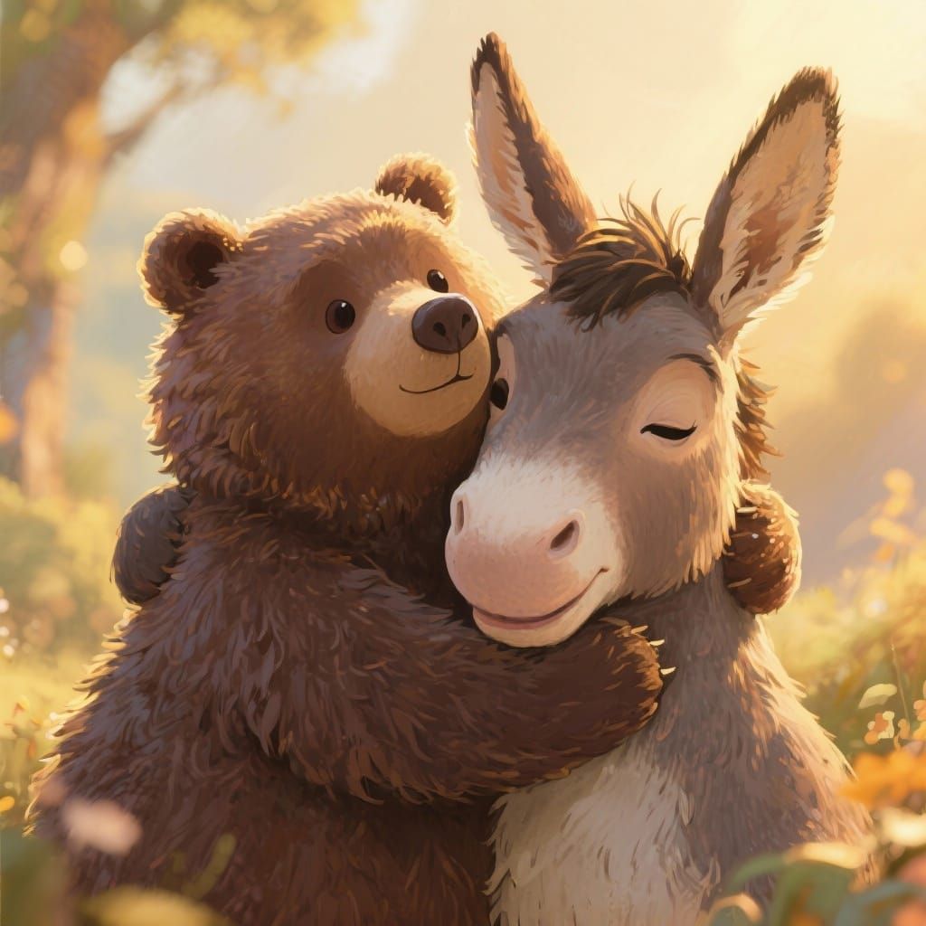 Whimsical Bear and Donkey Embrace in Golden Hour Glow