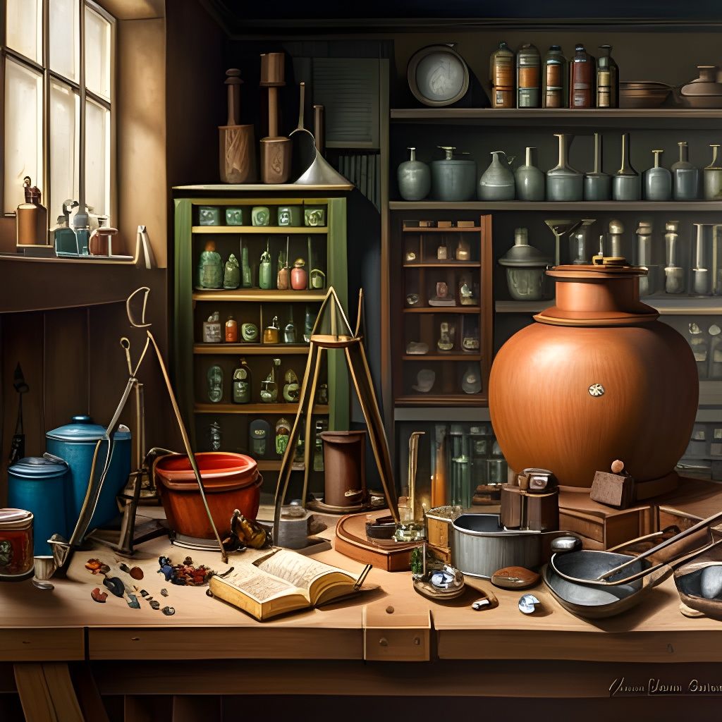 Magical Alchemist Workshop in Detailed Oil Painting Style