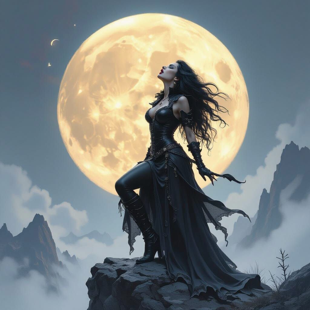 Gothic Wolfwoman Howling at Moon in Dark Fantasy Style