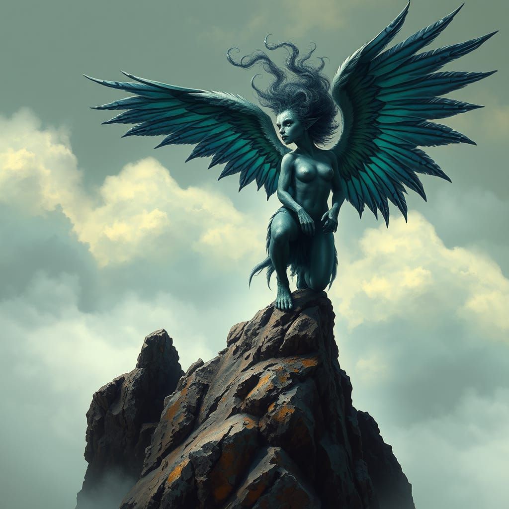 Mystical Harpy Perched on Cliff in Iridescent Blues and Gree...