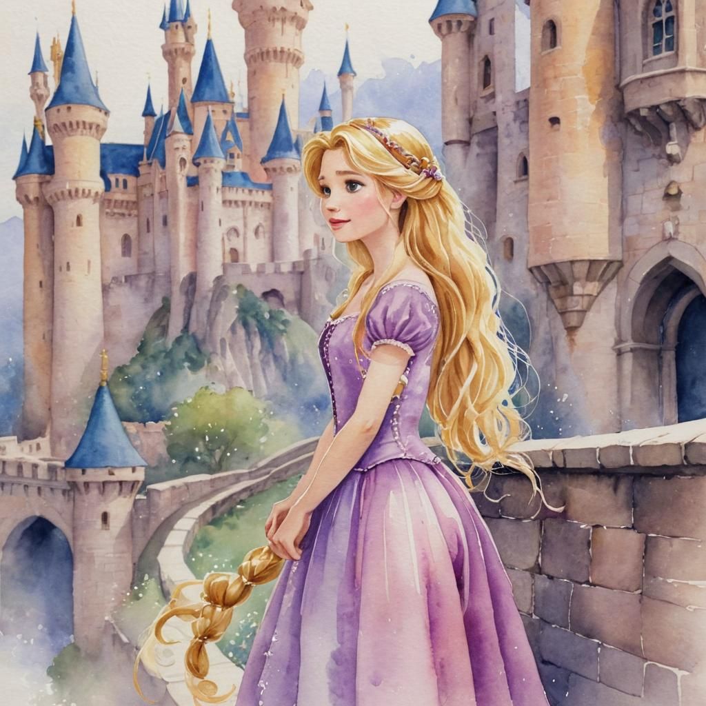 Rapunzel Fairytale Castle in Watercolor Style