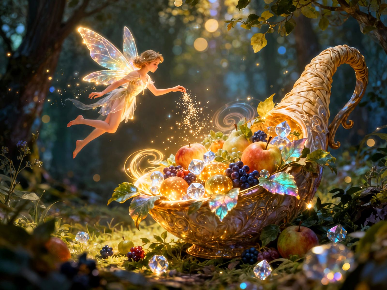 Enchanted Cornucopia with Fairy in Mystical Forest